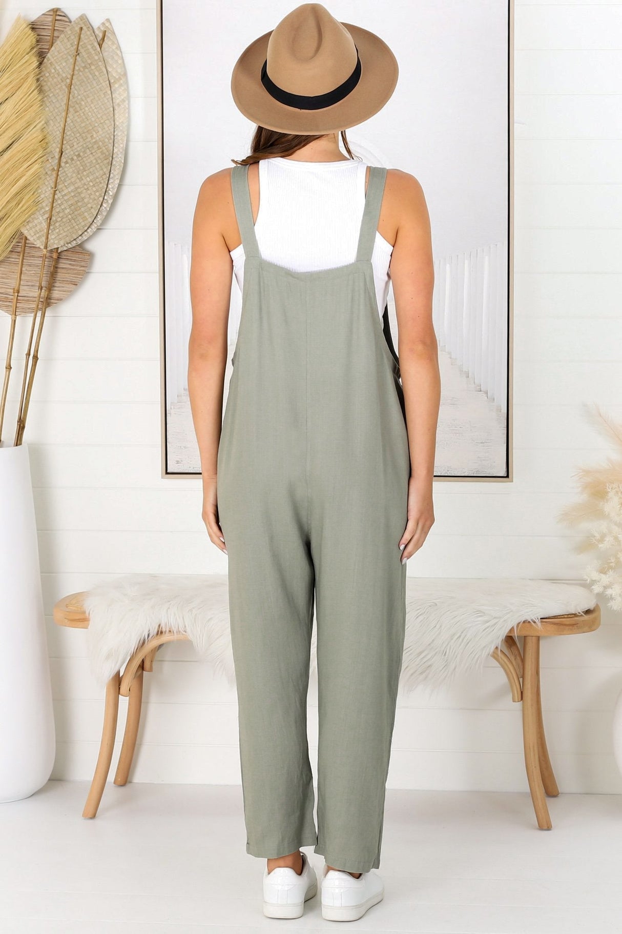 Tulum Jumpsuit - Linen Blend Overalls Pockets in Khaki