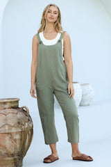 Tulum Jumpsuit - Linen Blend Overalls Pockets in Khaki