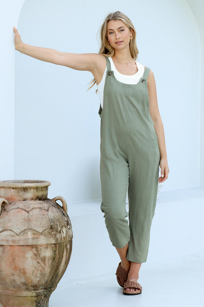 Tulum Jumpsuit - Linen Blend Overalls Pockets in Khaki