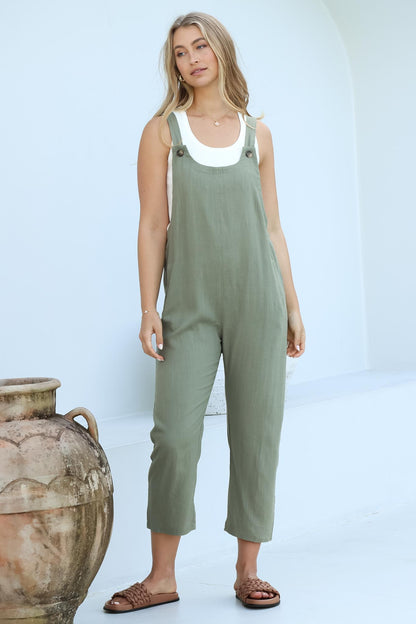 Tulum Jumpsuit - Linen Blend Overalls Pockets in Khaki