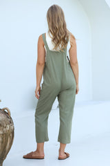 Tulum Jumpsuit - Linen Blend Overalls Pockets in Khaki