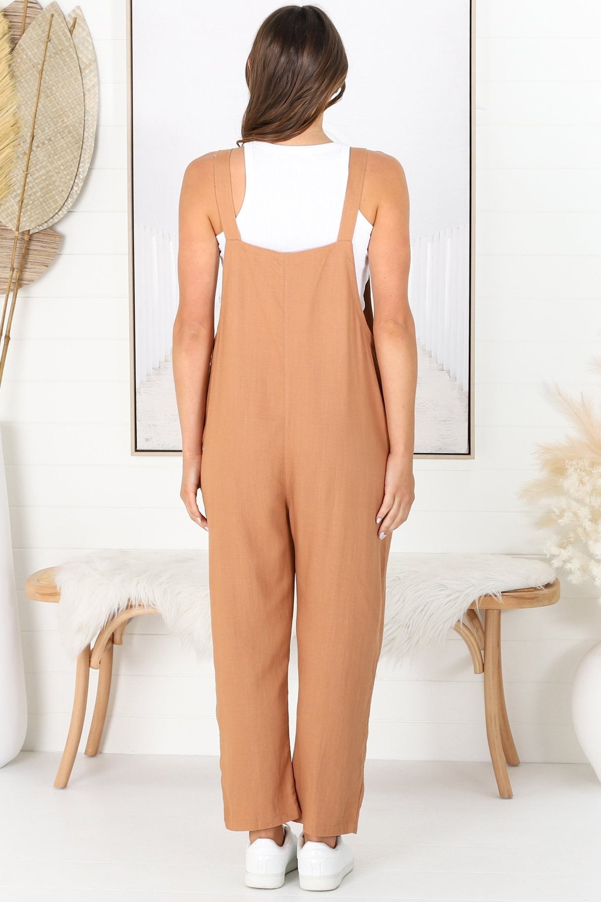 Tulum Jumpsuit - Linen Blend Overalls Pockets in Tan