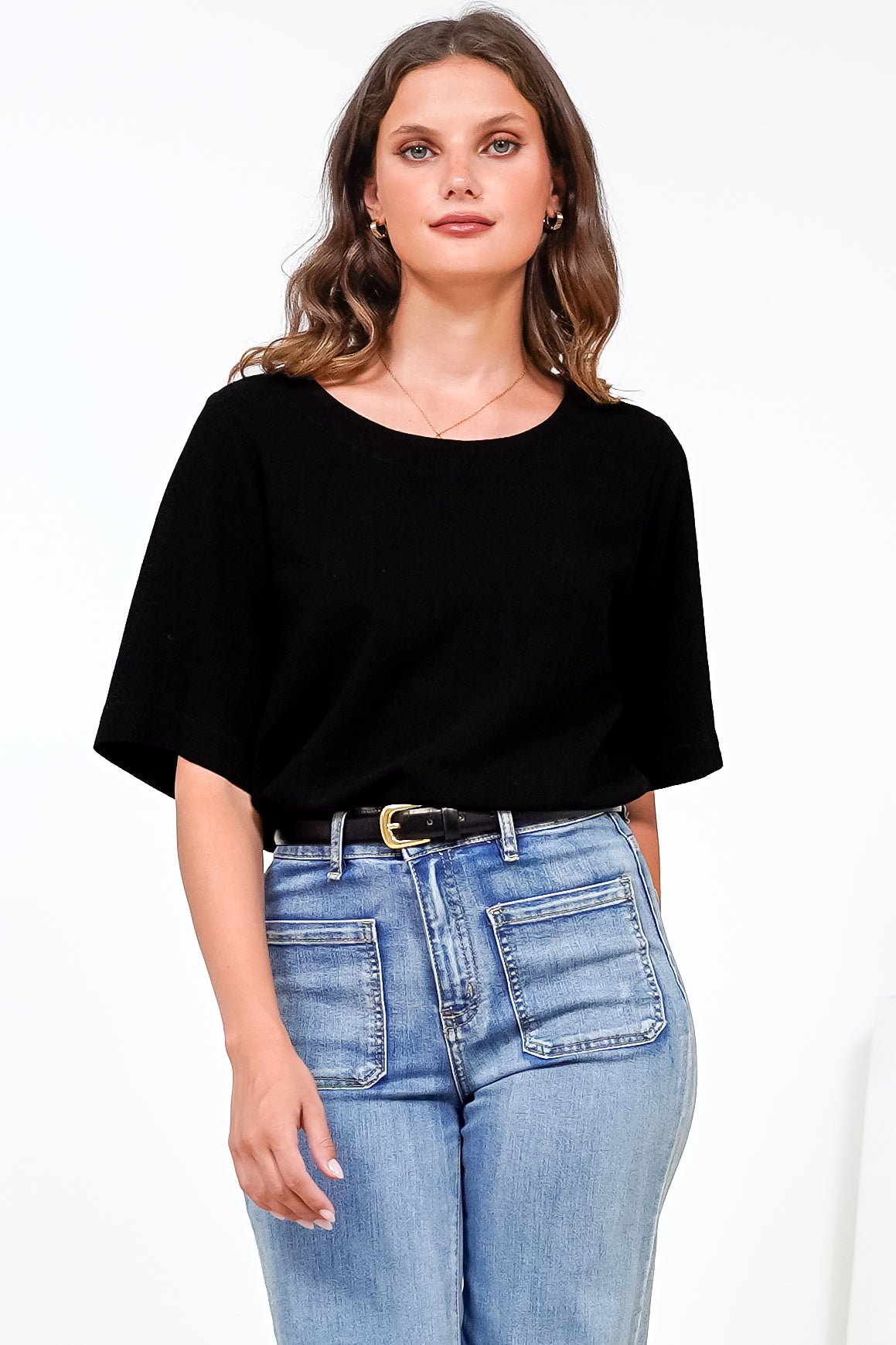Tustin Top - Round Neck Boxy High Low Top with Short Sleeves in Black
