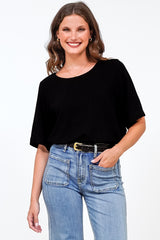 Tustin Top - Round Neck Boxy High Low Top with Short Sleeves in Black