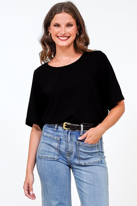 Tustin Top - Round Neck Boxy High Low Top with Short Sleeves in Black