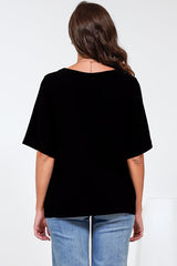 Tustin Top - Round Neck Boxy High Low Top with Short Sleeves in Black