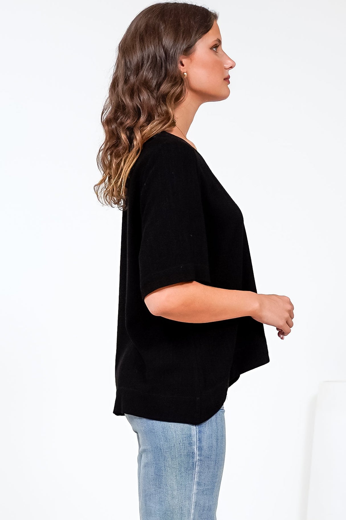 Tustin Top - Round Neck Boxy High Low Top with Short Sleeves in Black