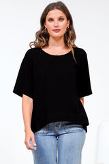 Tustin Top - Round Neck Boxy High Low Top with Short Sleeves in Black