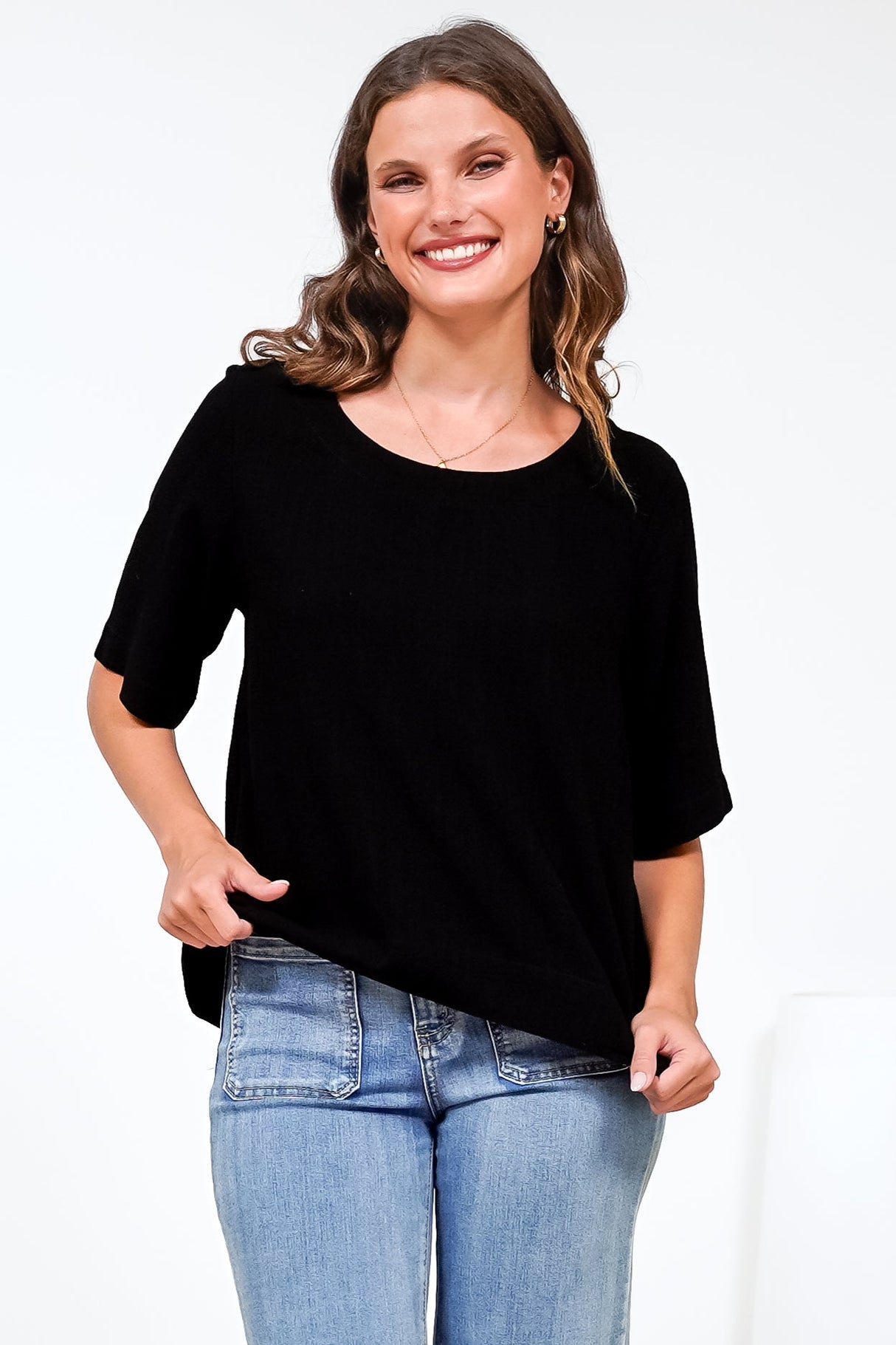 Tustin Top - Round Neck Boxy High Low Top with Short Sleeves in Black