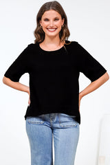Tustin Top - Round Neck Boxy High Low Top with Short Sleeves in Black