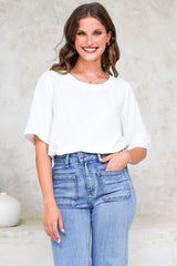 Tustin Top - Round Neck Boxy High Low Top with Short Sleeves in White