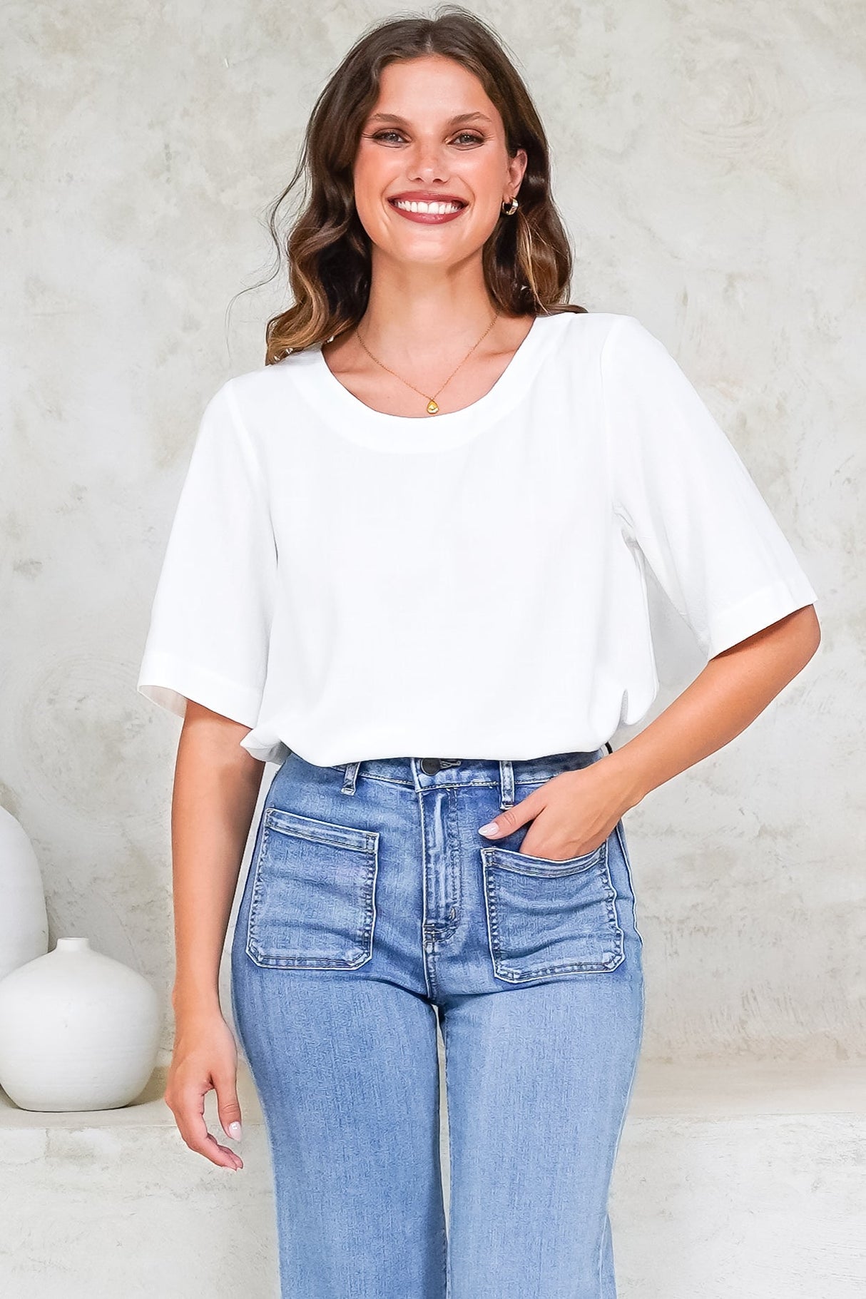 Tustin Top - Round Neck Boxy High Low Top with Short Sleeves in White