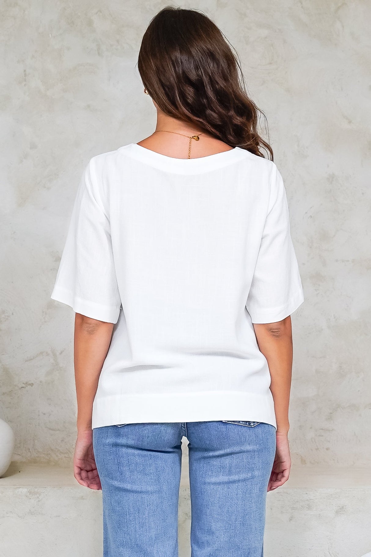 Tustin Top - Round Neck Boxy High Low Top with Short Sleeves in White