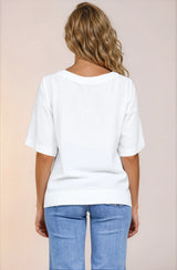 Tustin Top - Round Neck Boxy High Low Top with Short Sleeves in White