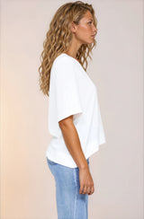 Tustin Top - Round Neck Boxy High Low Top with Short Sleeves in White