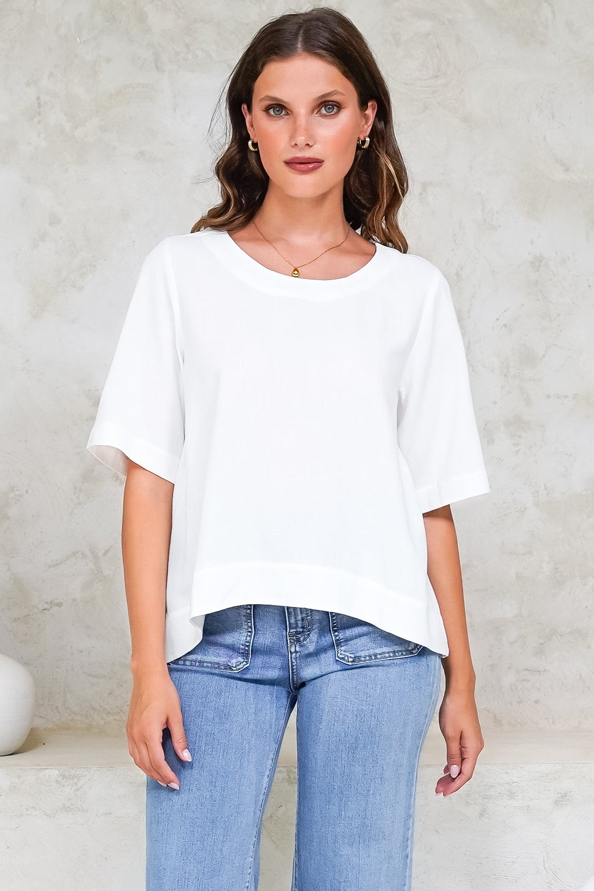 Tustin Top - Round Neck Boxy High Low Top with Short Sleeves in White