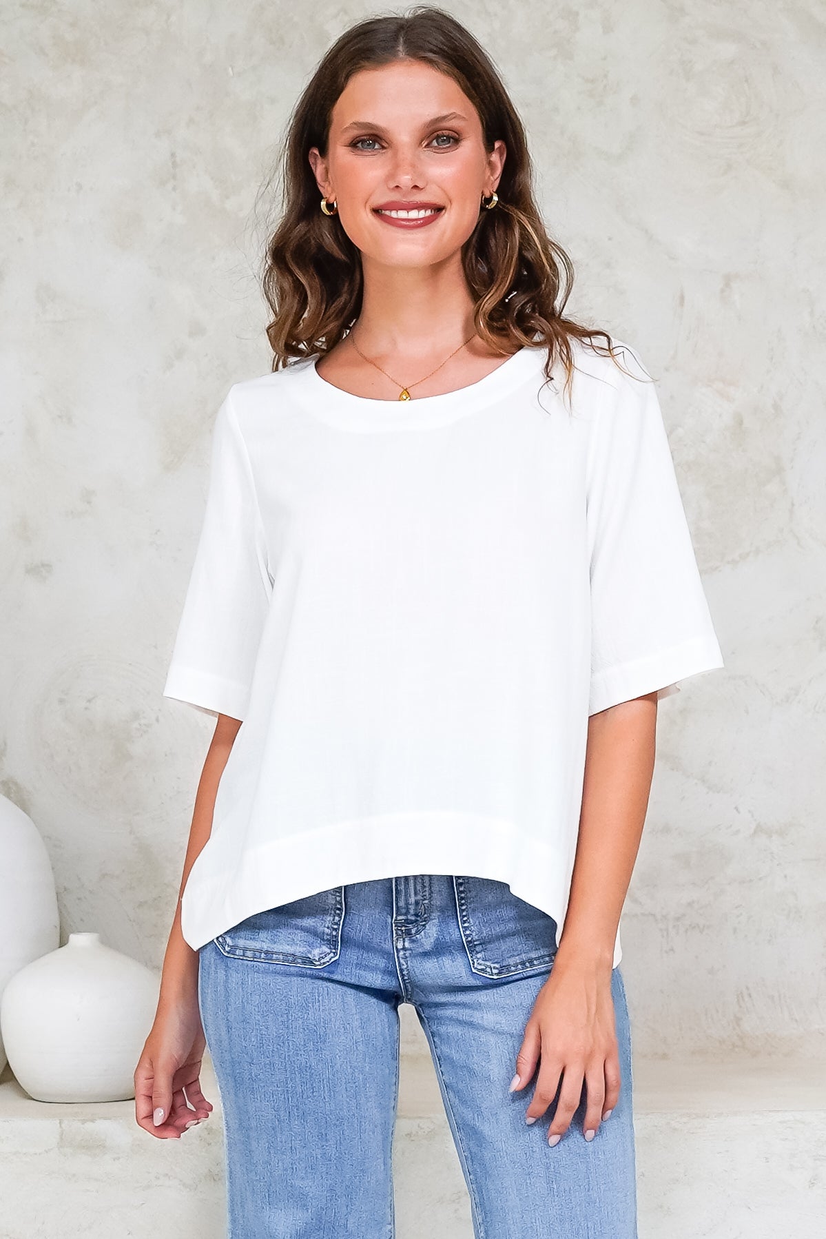 Tustin Top - Round Neck Boxy High Low Top with Short Sleeves in White