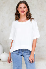 Tustin Top - Round Neck Boxy High Low Top with Short Sleeves in White