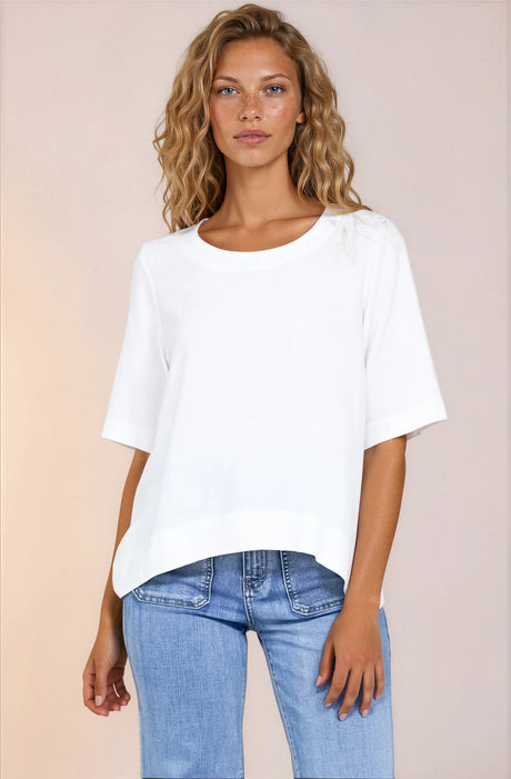 Tustin Top - Round Neck Boxy High Low Top with Short Sleeves in White