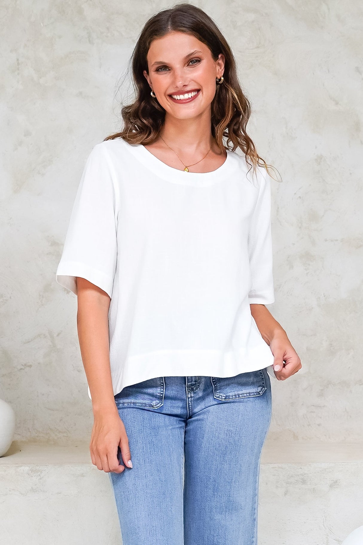 Tustin Top - Round Neck Boxy High Low Top with Short Sleeves in White