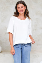 Tustin Top - Round Neck Boxy High Low Top with Short Sleeves in White