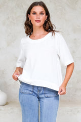 Tustin Top - Round Neck Boxy High Low Top with Short Sleeves in White