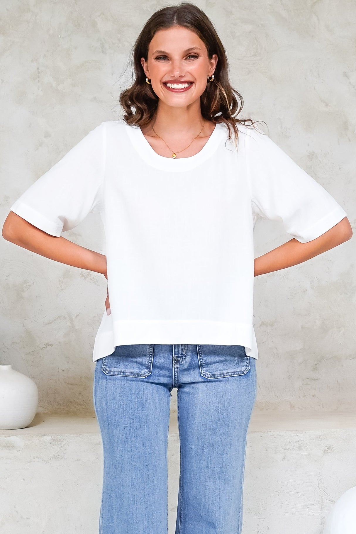 Tustin Top - Round Neck Boxy High Low Top with Short Sleeves in White