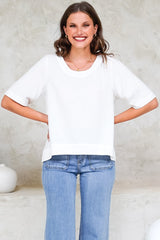 Tustin Top - Round Neck Boxy High Low Top with Short Sleeves in White