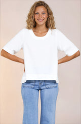 Tustin Top - Round Neck Boxy High Low Top with Short Sleeves in White