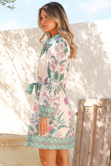Twylar Mini Dress - Wing Collar Long Sleeve Shirt Dress with Matching Belt in Rowan Print