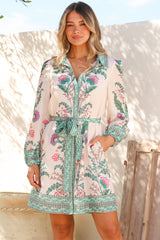 Twylar Mini Dress - Wing Collar Long Sleeve Shirt Dress with Matching Belt in Rowan Print