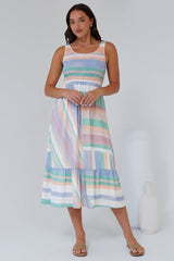 Tya Midi Dress - Elasticated Bodice Tiered Sun Dress in Sundae Print