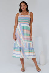 Tya Midi Dress - Elasticated Bodice Tiered Sun Dress in Sundae Print