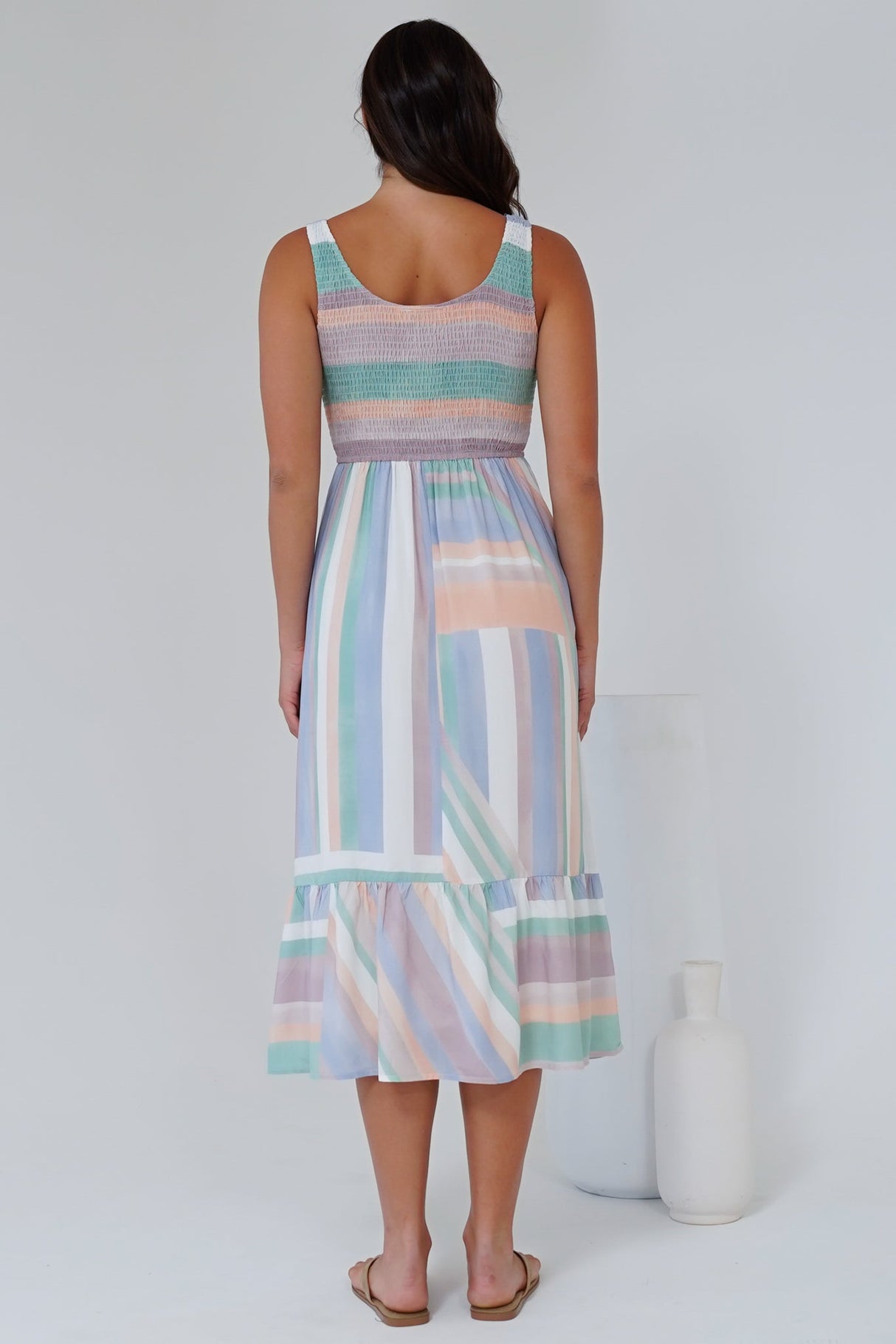 Tya Midi Dress - Elasticated Bodice Tiered Sun Dress in Sundae Print