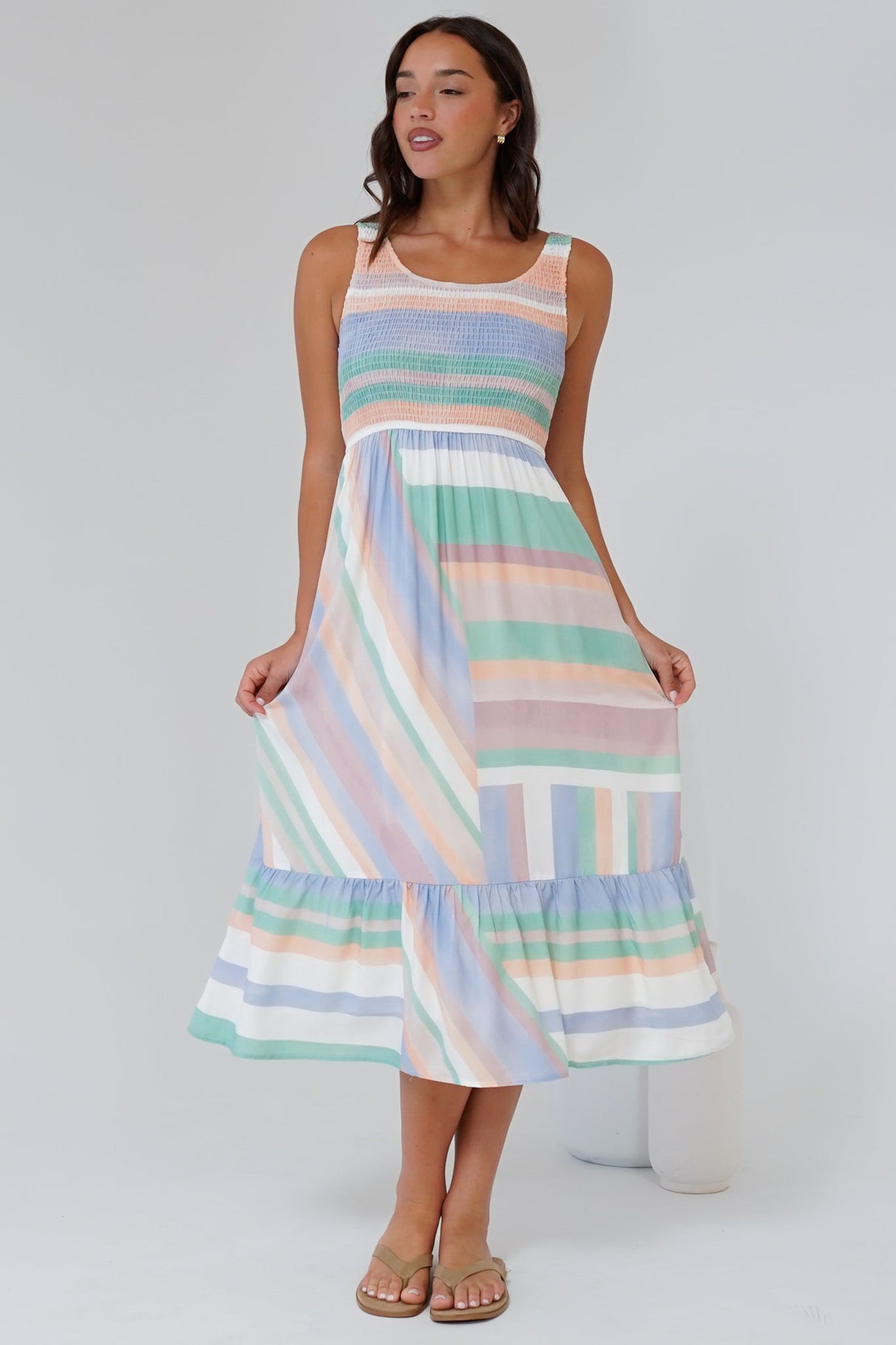 Tya Midi Dress - Elasticated Bodice Tiered Sun Dress in Sundae Print