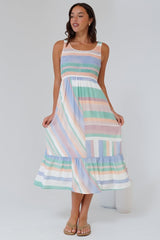 Tya Midi Dress - Elasticated Bodice Tiered Sun Dress in Sundae Print