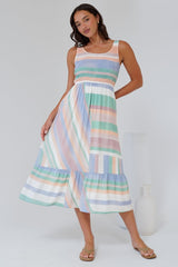 Tya Midi Dress - Elasticated Bodice Tiered Sun Dress in Sundae Print