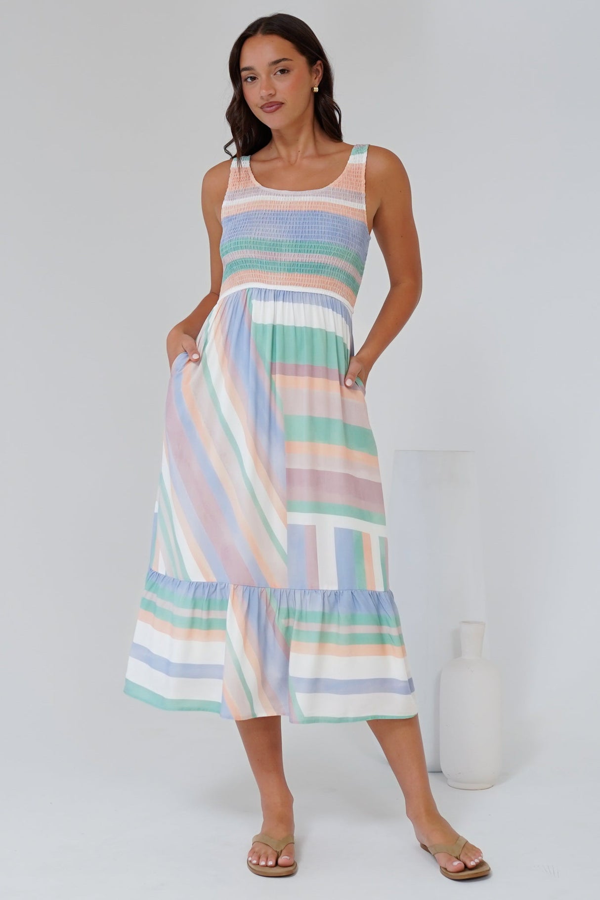 Tya Midi Dress - Elasticated Bodice Tiered Sun Dress in Sundae Print