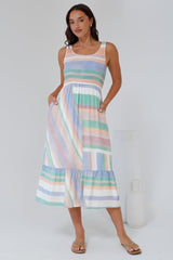 Tya Midi Dress - Elasticated Bodice Tiered Sun Dress in Sundae Print