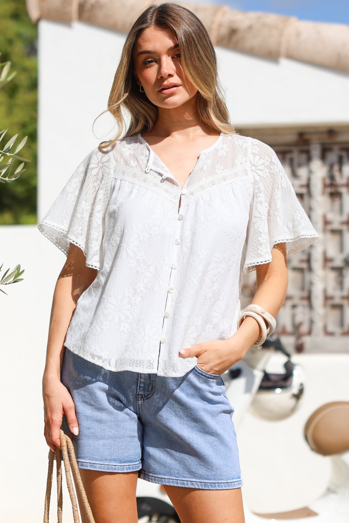Tyella Top - Lace Motif Overlay Button Down with Cape Sleeves in White
