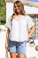 Tyella Top - Lace Motif Overlay Button Down with Cape Sleeves in White