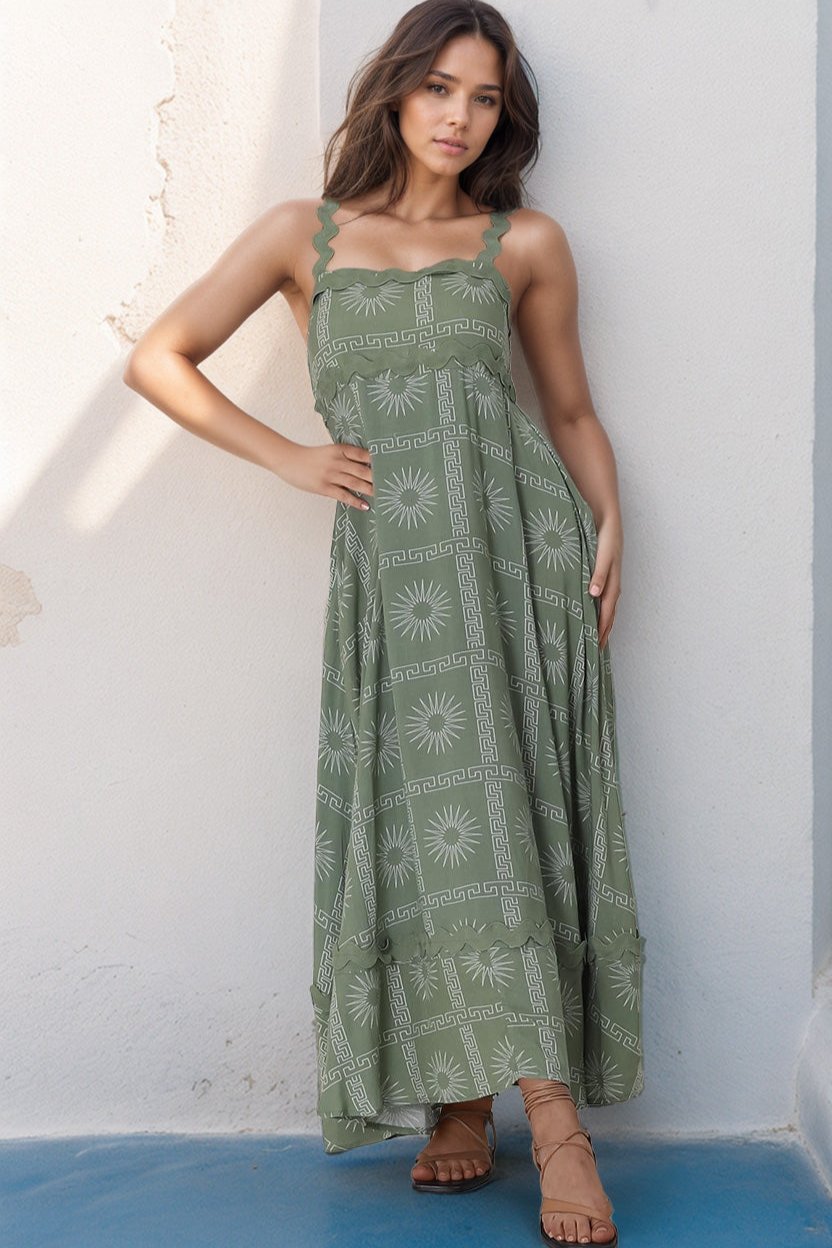 Bailie Maxi Dress - Rick Rack Detailed Sun Dress with Pockets Astra Print in Green