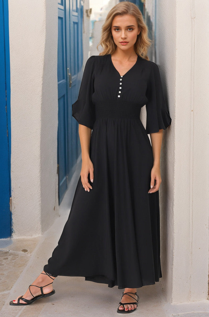 Alba Maxi Dress - Buttoned Bodie A Line Dress With Flute Sleeves In Black