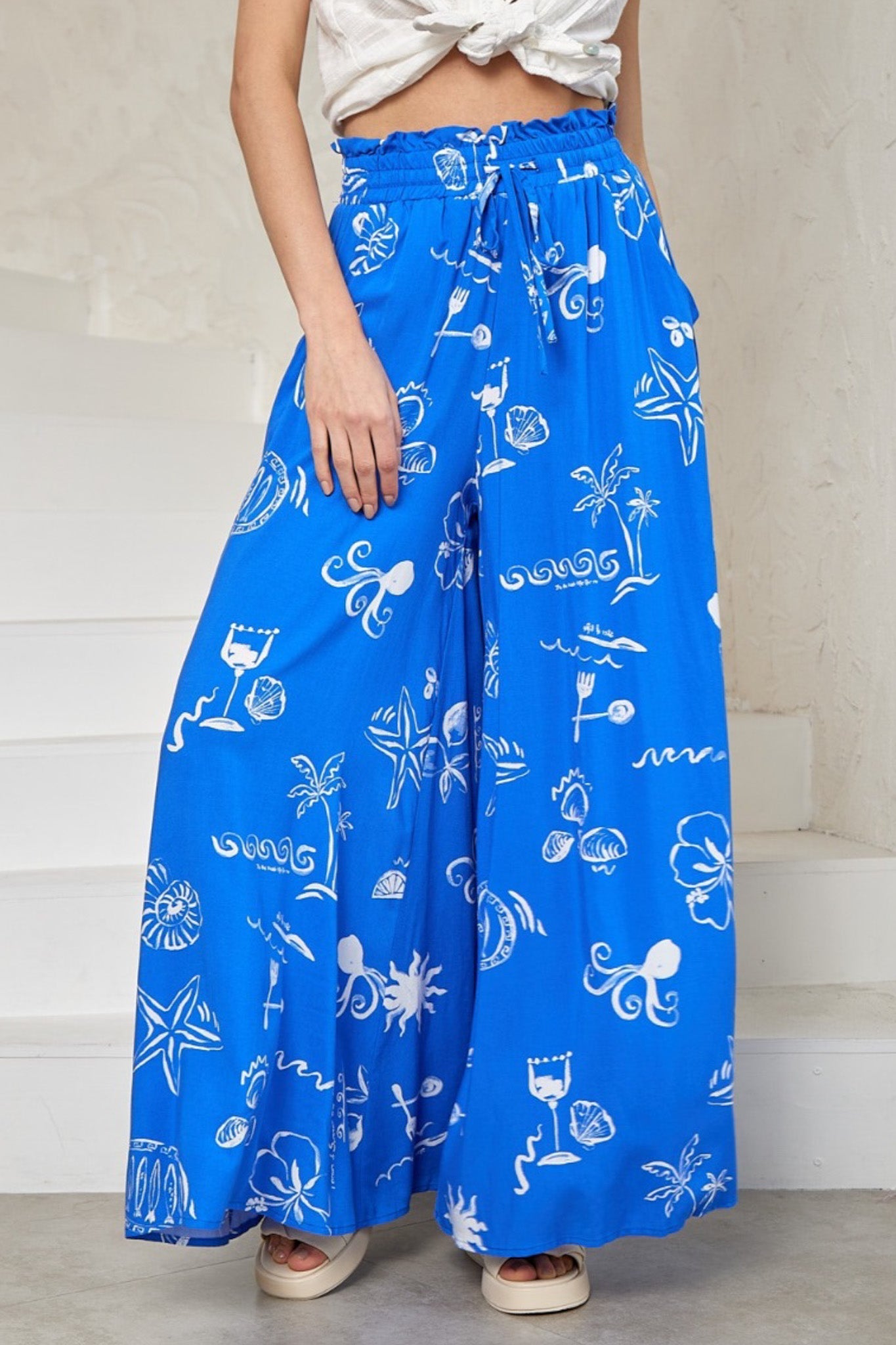 Umiko Pants - Paper Bag High Waisted Wide Leg Pants with Graphic Print