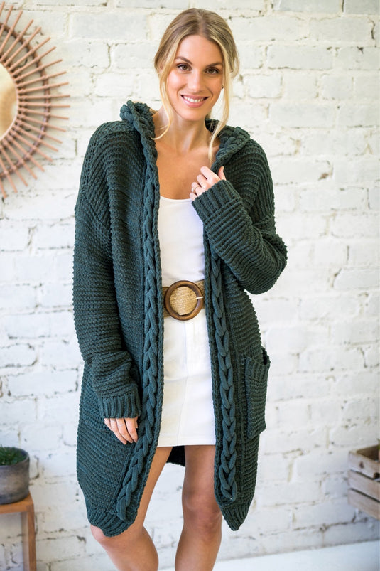 Toolara Cardigan - Thick Cable Knit Hooded Cardigan with Pocket in Military Green