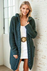 Toolara Cardigan - Thick Cable Knit Hooded Cardigan with Pocket in Military Green