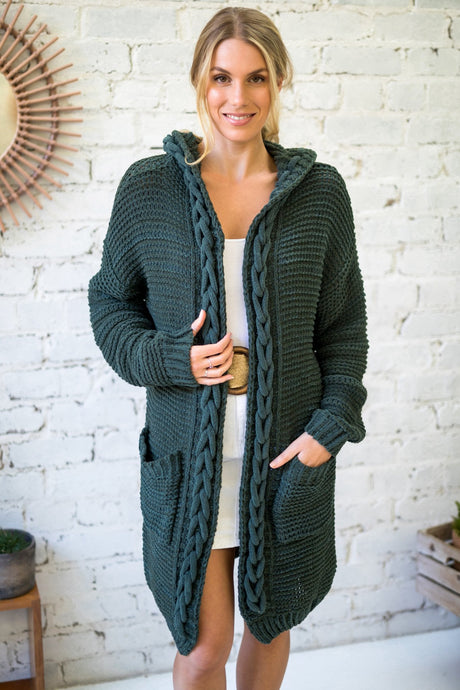 Toolara Cardigan - Thick Cable Knit Hooded Cardigan with Pocket in Military Green