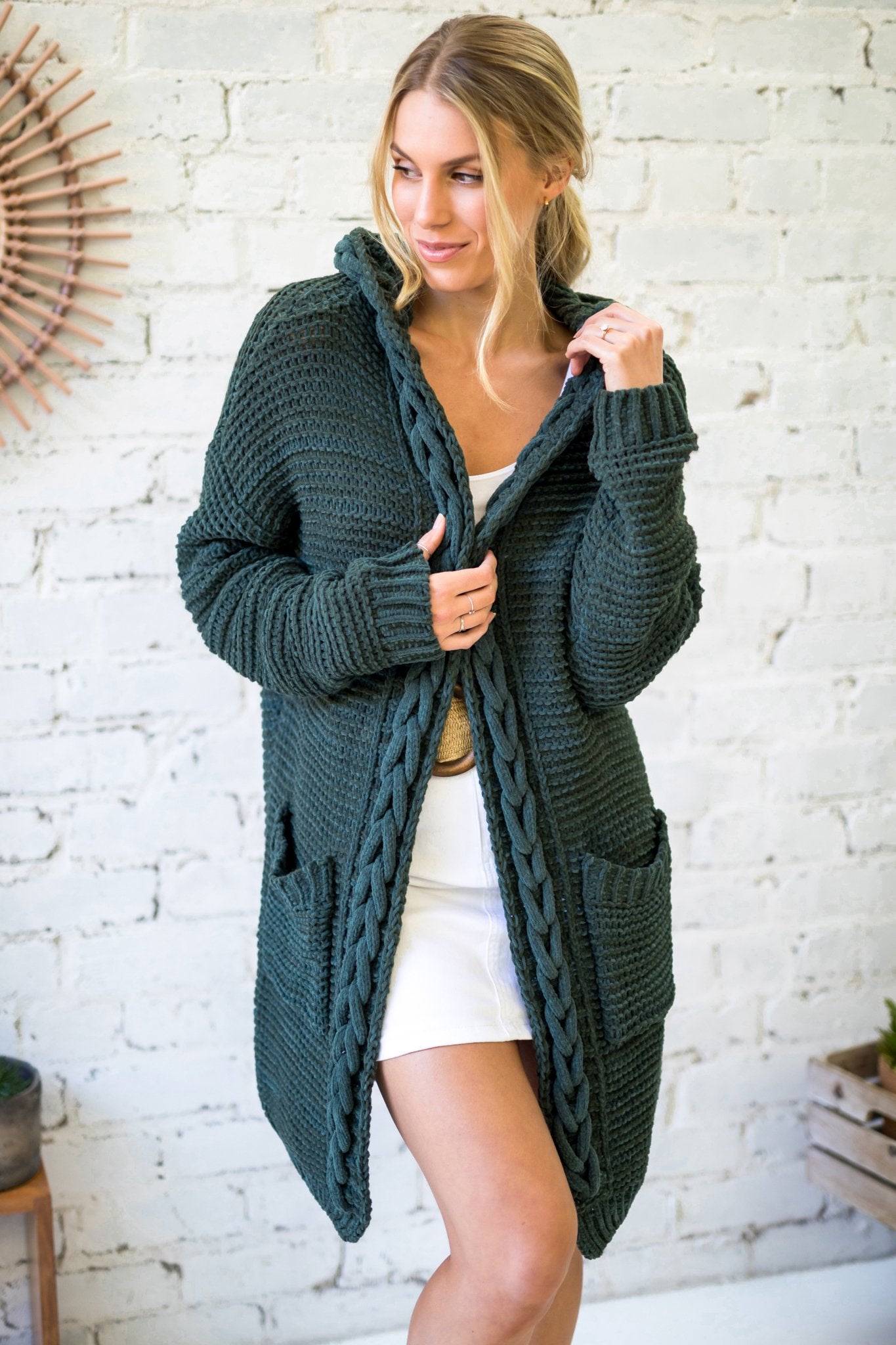 Toolara Cardigan - Thick Cable Knit Hooded Cardigan with Pocket in Military Green