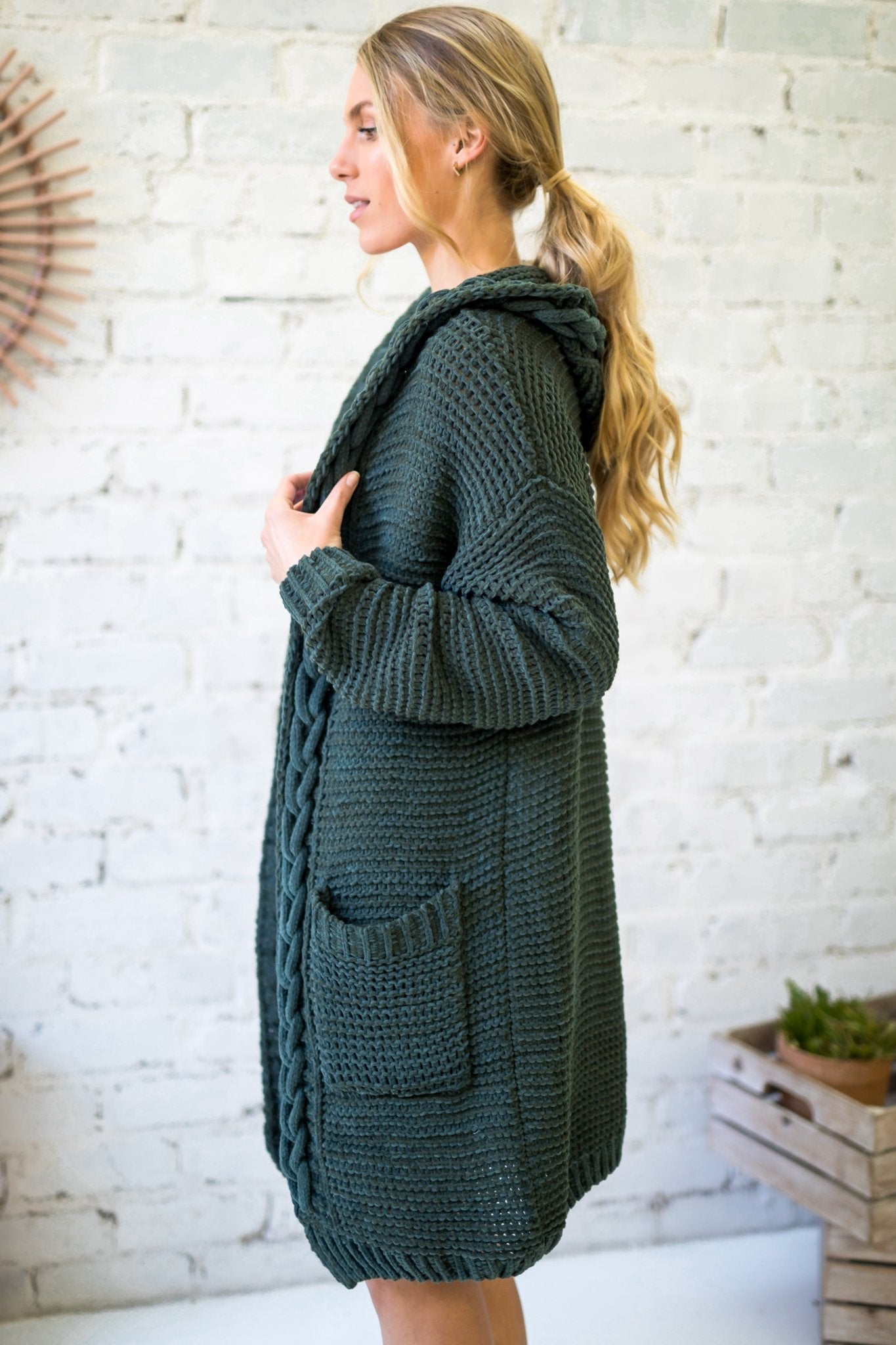 Toolara Cardigan - Thick Cable Knit Hooded Cardigan with Pocket in Military Green