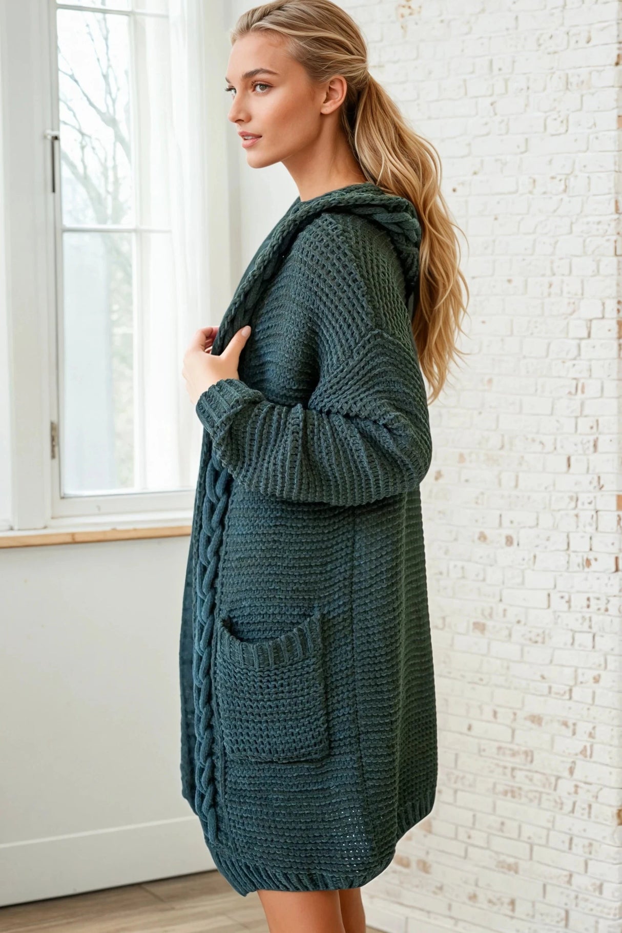 Toolara Cardigan - Thick Cable Knit Hooded Cardigan with Pocket in Military Green